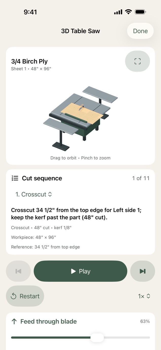 XyloKerf 3D table saw preview with a birch plywood sheet on the saw and the first crosscut of 11 ready to play.
