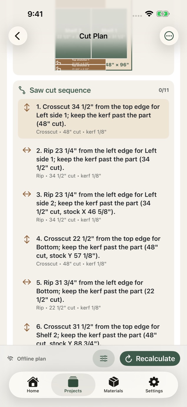 XyloKerf saw cut sequence listing numbered crosscut and rip instructions with cut lengths and kerf.